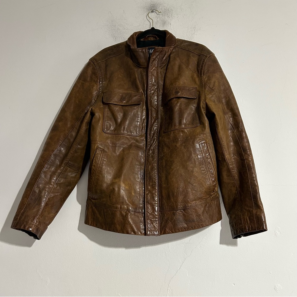 Gap 2007 Brown Genuine Leather Jacket Distressed Large Motorcycle Y2K Fall